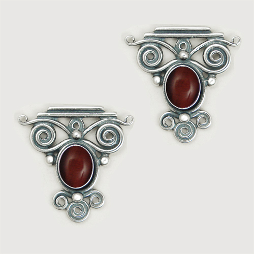 Sterling Silver And Red Tiger Eye Drop Dangle Earrings With an Art Deco Inspired Style